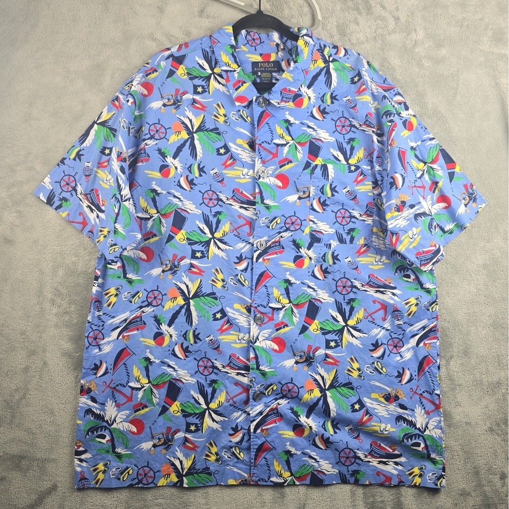 Polo Ralph Lauren Sleepwear Shirt Mens XL Blue Polo Beach Bear Pajama Button Top